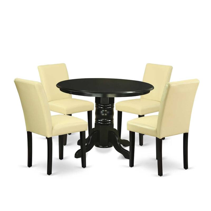 HomeStock 5-Piece Round Black Finish Solid Wood Top Dining Table with 4 Parson Chair with Lattice Back