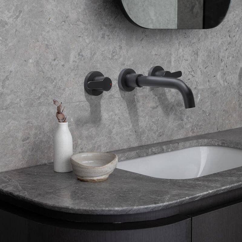 Modland Wall-Mounted Modern Bathroom Sink Faucet Double Handle 3 Hole with Valve - Matte black