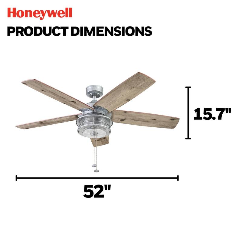 52" Honeywell Foxhaven Galvanized Farmhouse Indoor/Outdoor Ceiling Fan with Light, Pull Chain