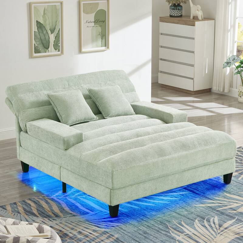 Modern Chaise Lounge Sofa 57.1" Sofa Bed Chenille Upholstered Lounge Sofa Chair with Adjustable Backrest and LED Light Strip