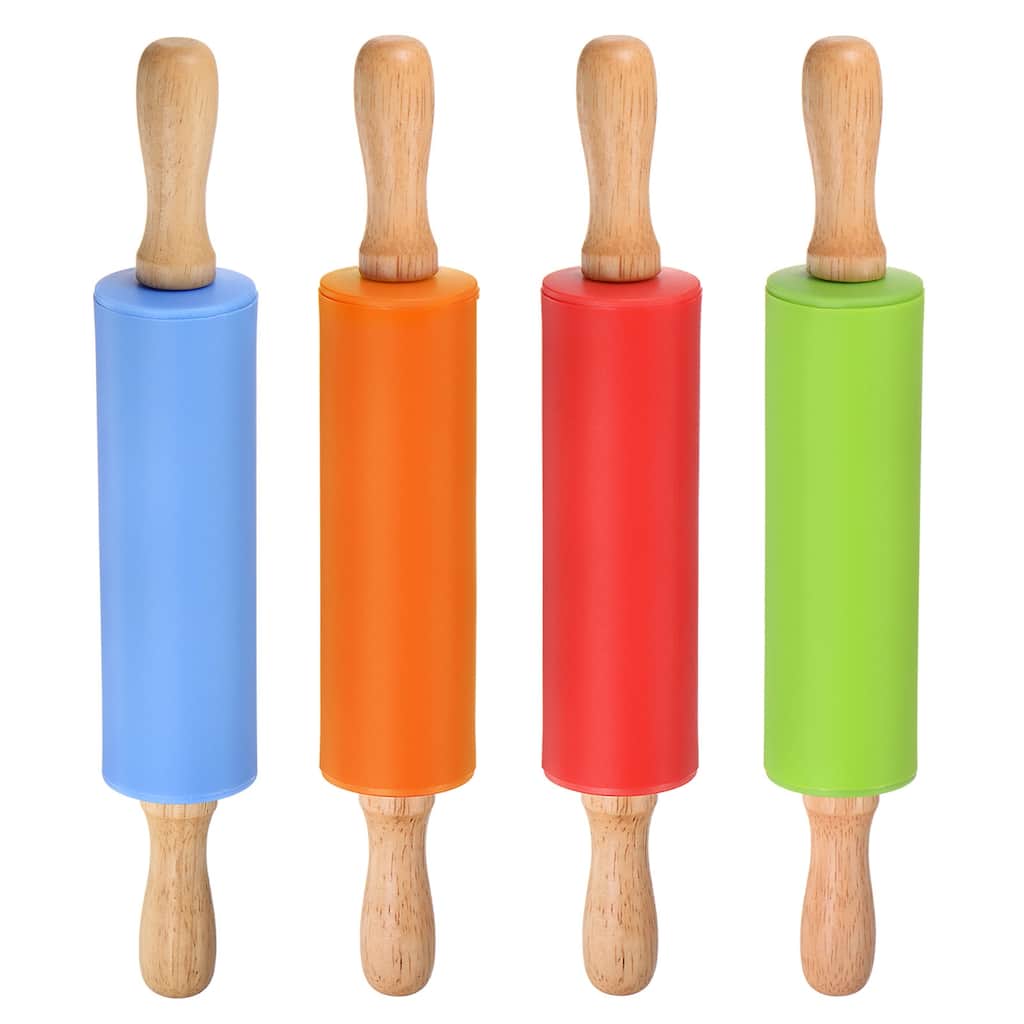 Silicone Rolling Pins for Baking Wood Handle 31cm x 4.2cm 4 Colors - Green & Orange & Red & Blue