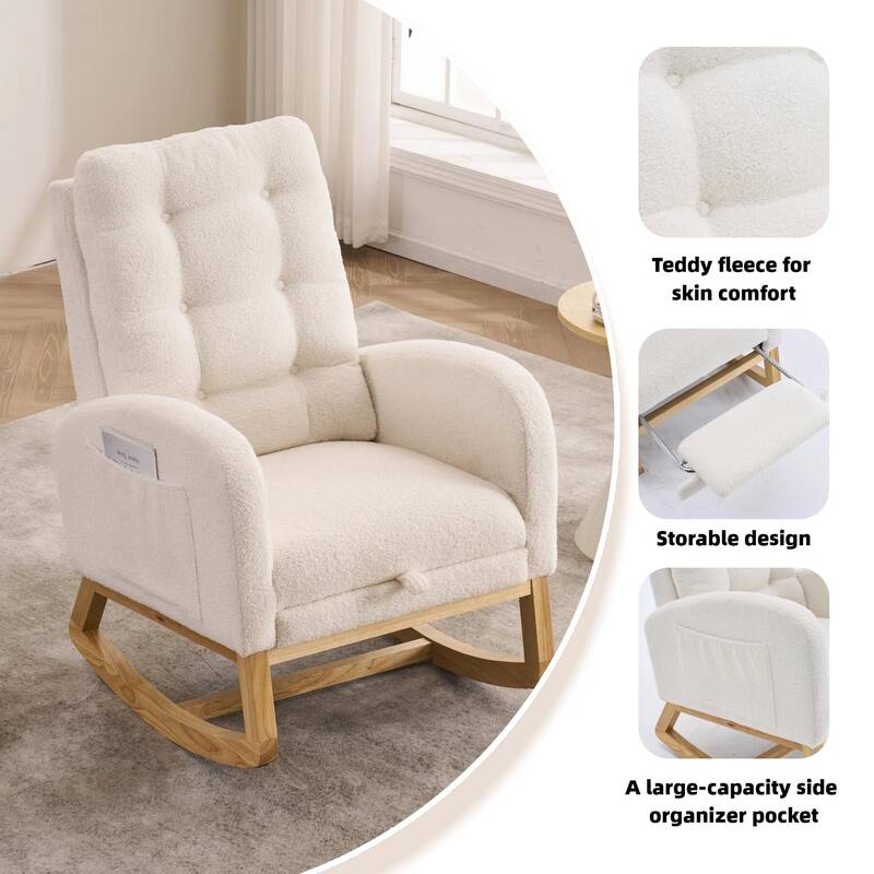 Plush Accent Rocking Chair with Footrest, Cream White High-Back Rocker, Rubber Wood Lounge Chair for Nursery & Living Room