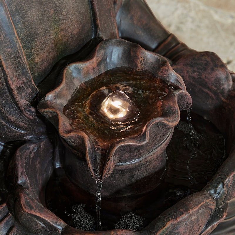 Glitzhome Meditating Buddha Patio Floor Fountain with Lotus and LED
