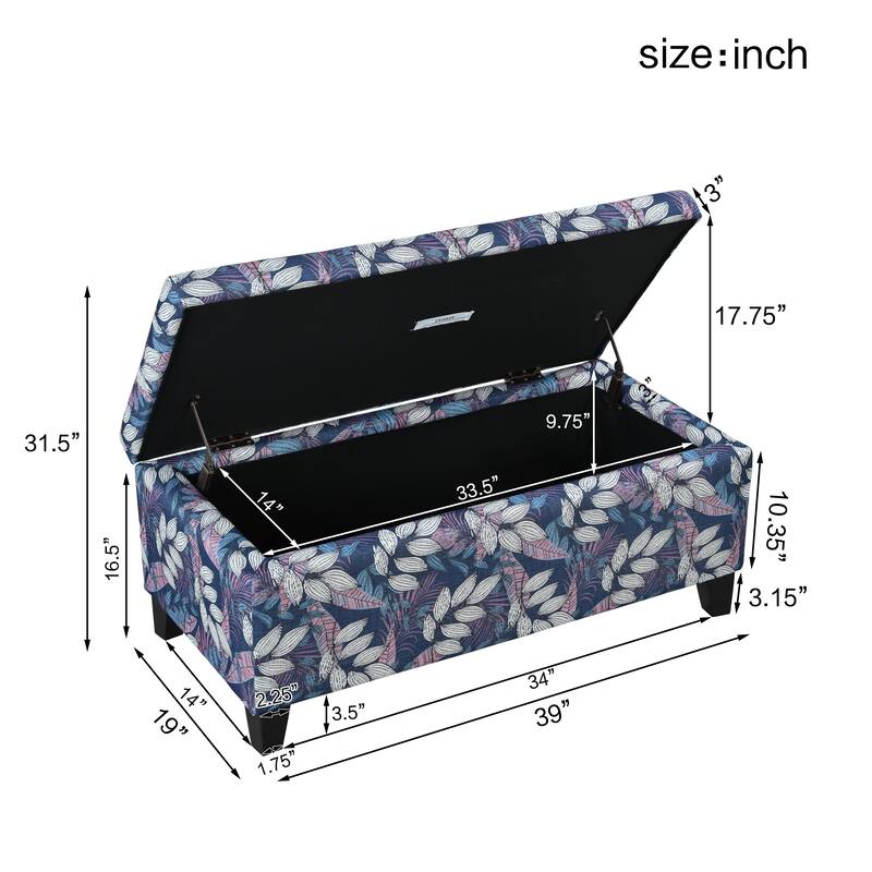 Roomfitters Upholstered Storage Ottoman Bench with Hinged Lid, Floral Fabric Accent Seat for Living Room or Bedroom
