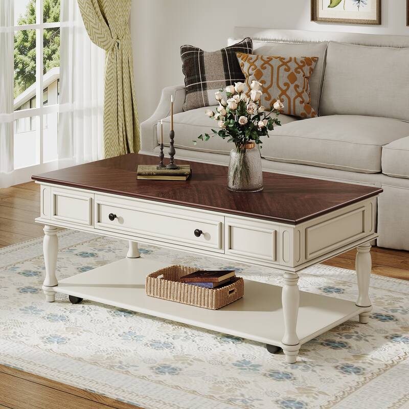 Roomfitters Farmhouse Coffee Table, Retro Wooden Center Table with Drawer, Wheels, and Solid Wood Legs