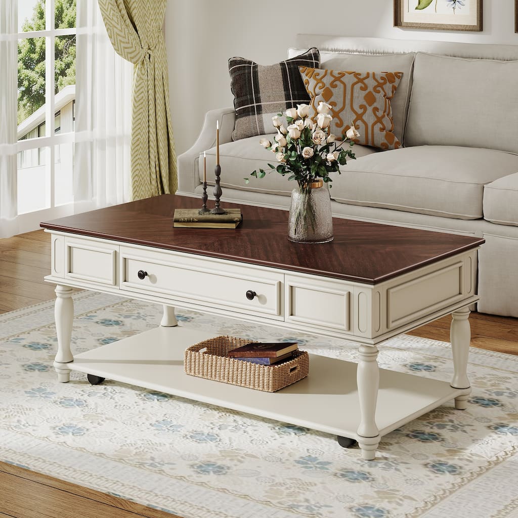 Roomfitters Farmhouse Coffee Table, Retro Wooden Center Table with Drawer, Wheels, and Solid Wood Legs