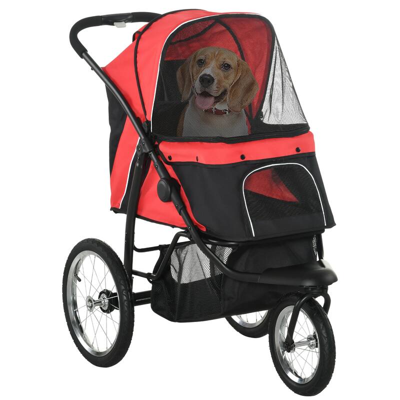 PawHut Pet Stroller for Small and Medium Dogs, 3 Big Wheels Foldable Cat Stroller with Adjustable Canopy - Red
