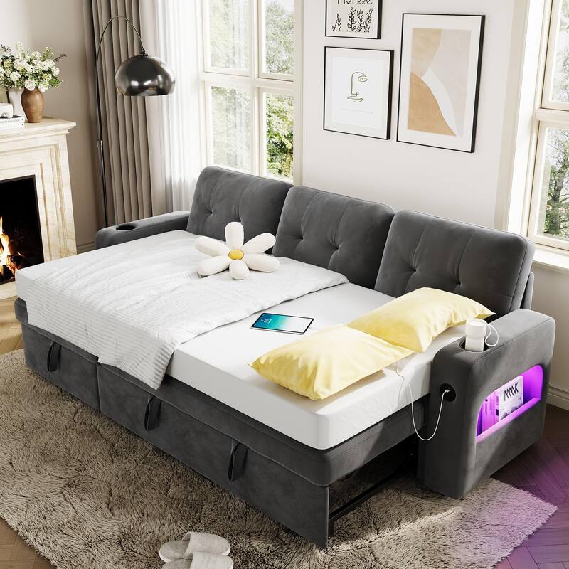 84 Inch Sleeper Sofa Couch, L-Shaped Sofa, Convertible Pull Out Sofa Bed with Storage, Charging Station, Led Lights