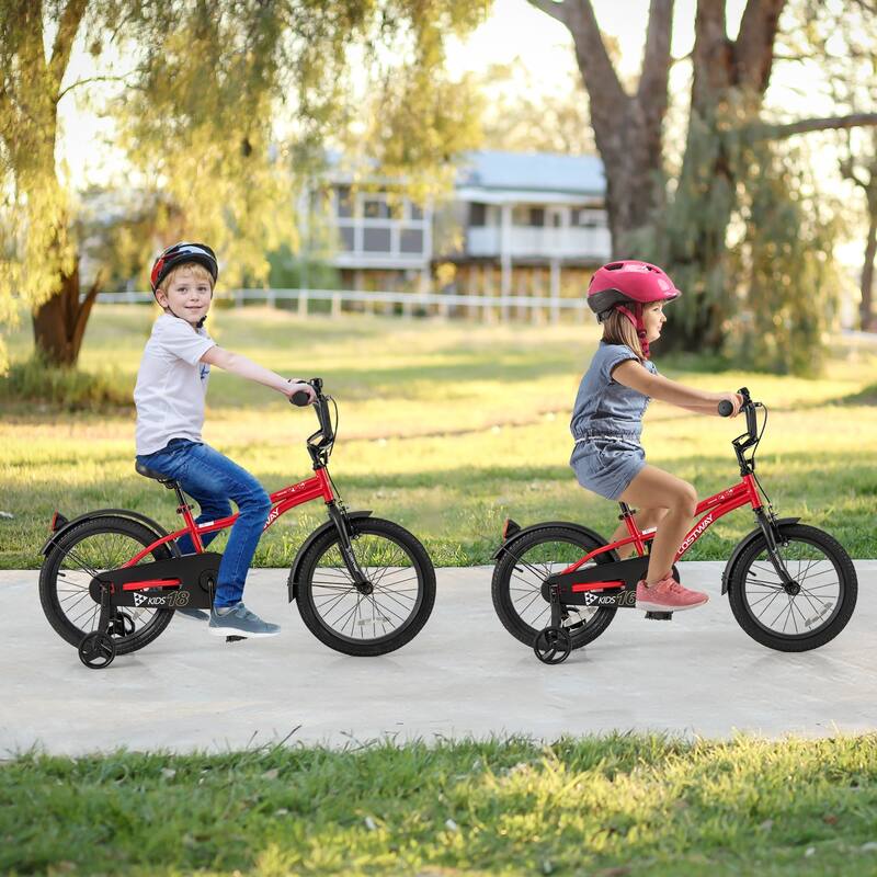 Red Metal Frame Kids Bike with Rubber Tires and Training Wheels Adjustable Handlebar Dual Brakes - 16-Inch
