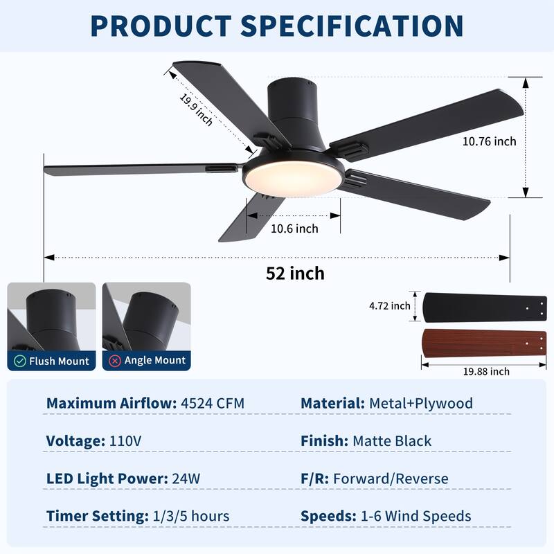 52 Inch Modern Minimalist Flush Mount Ceiling Fan with Light, Reversible DC Motor, Remote, Double-Sided Blades