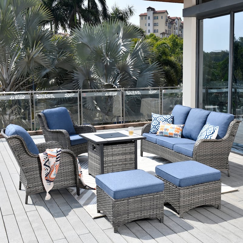 OVIOS Grey Wicker 6-piece Patio Furniture Set With 30" Fire Pit