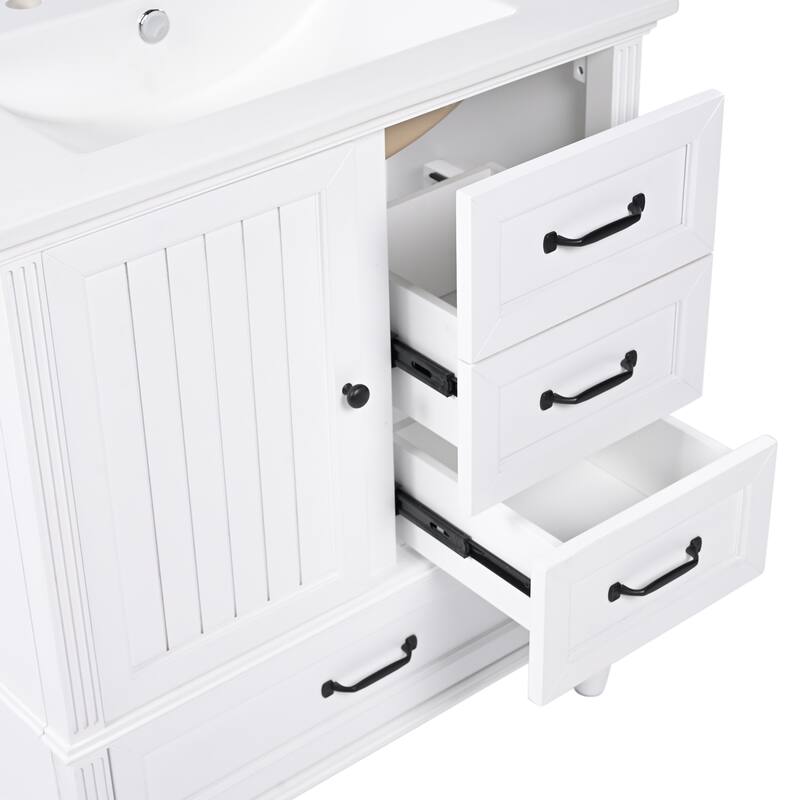 Roomfitters 30" Bathroom Vanity with Integrated Ceramic Sink, Solid Wood Frame and 3-Drawer Storage