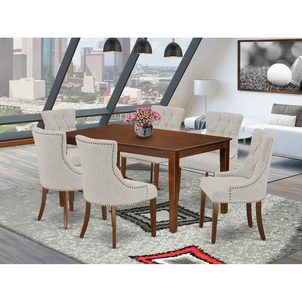 HomeStock 7-Piece Rectangle Mahogany Finish Solid Wood Top Dining Table with 6-Parson Chairs with Lattice Back