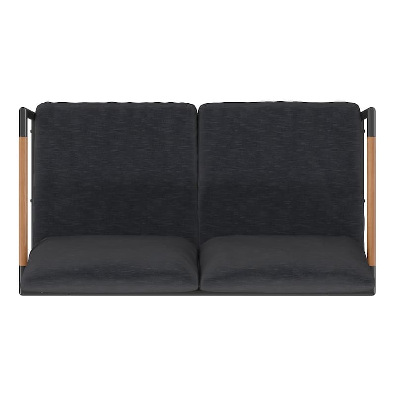 Metal Frame Loveseat with Teak Arm Accents and Plush Cushions