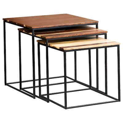 20, 18, 16 Inch 3 Piece Modern Nesting End Table Set, Brown Wood, Black