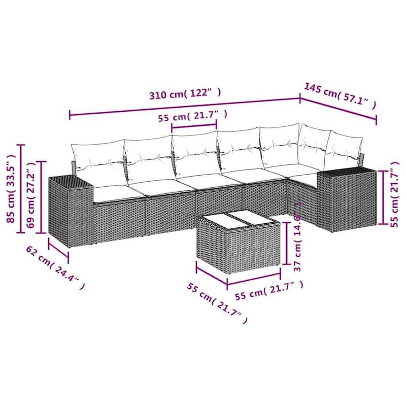 vidaXL Patio Sofa Set with Cushions Outdoor Conversation Furniture Poly Rattan - 24.4 x 24.4 x 27.2