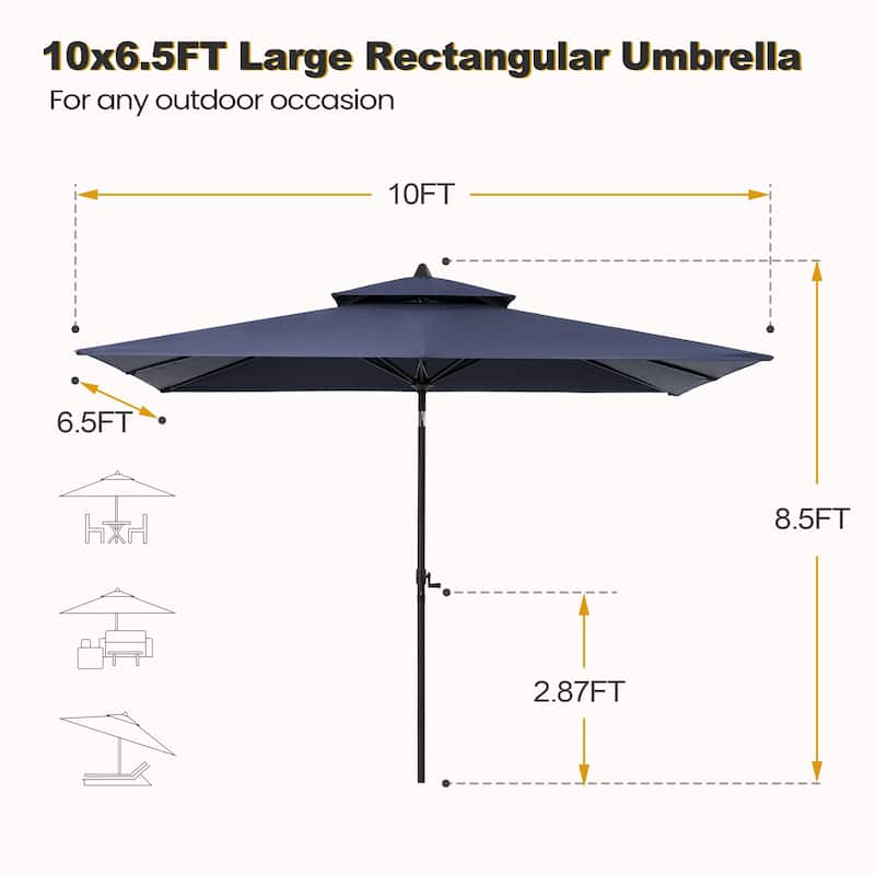 VredHom 10 x 6.5 Ft Double Top Market Patio Umbrella with Tilt-and-Crank