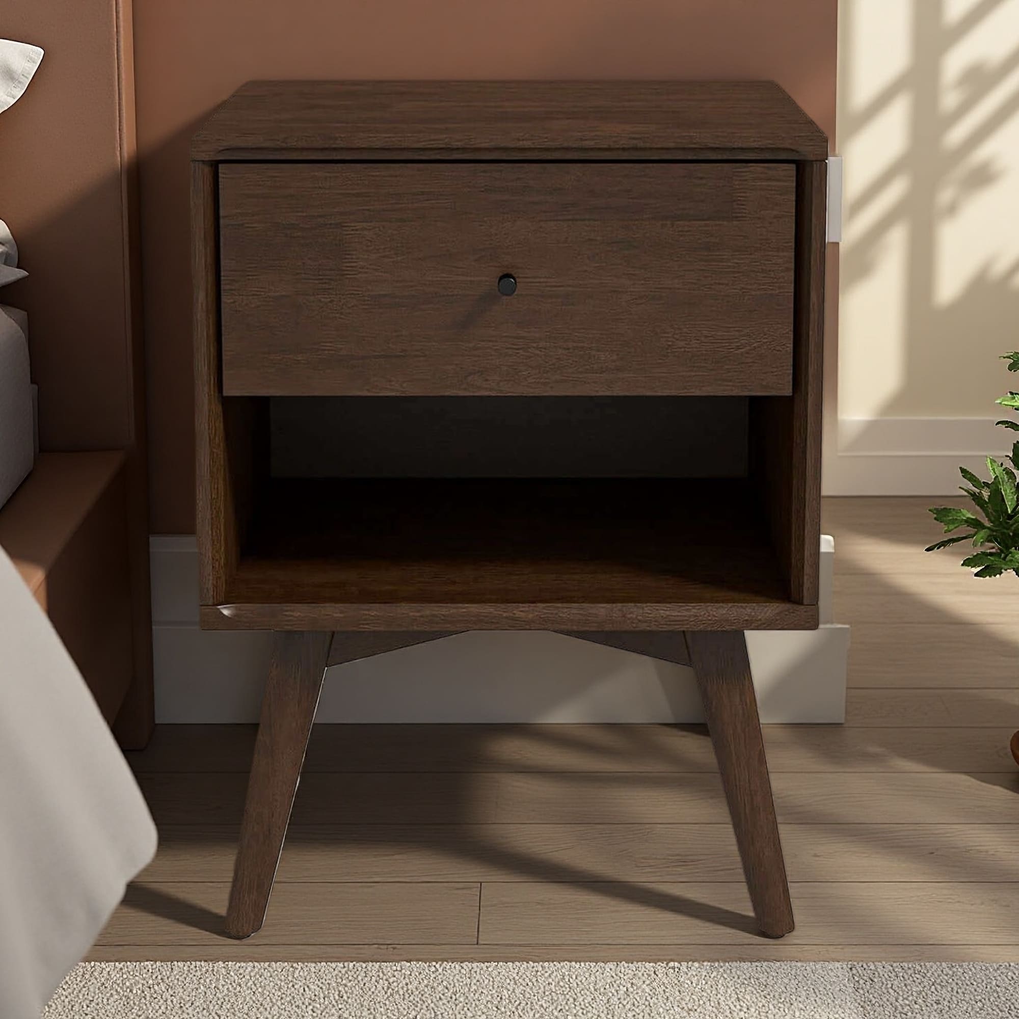 28"L Solid Wood Mid-Century Modern 1-Drawer Nightstand with Tapered Legs, Bedside Table for Bedroom