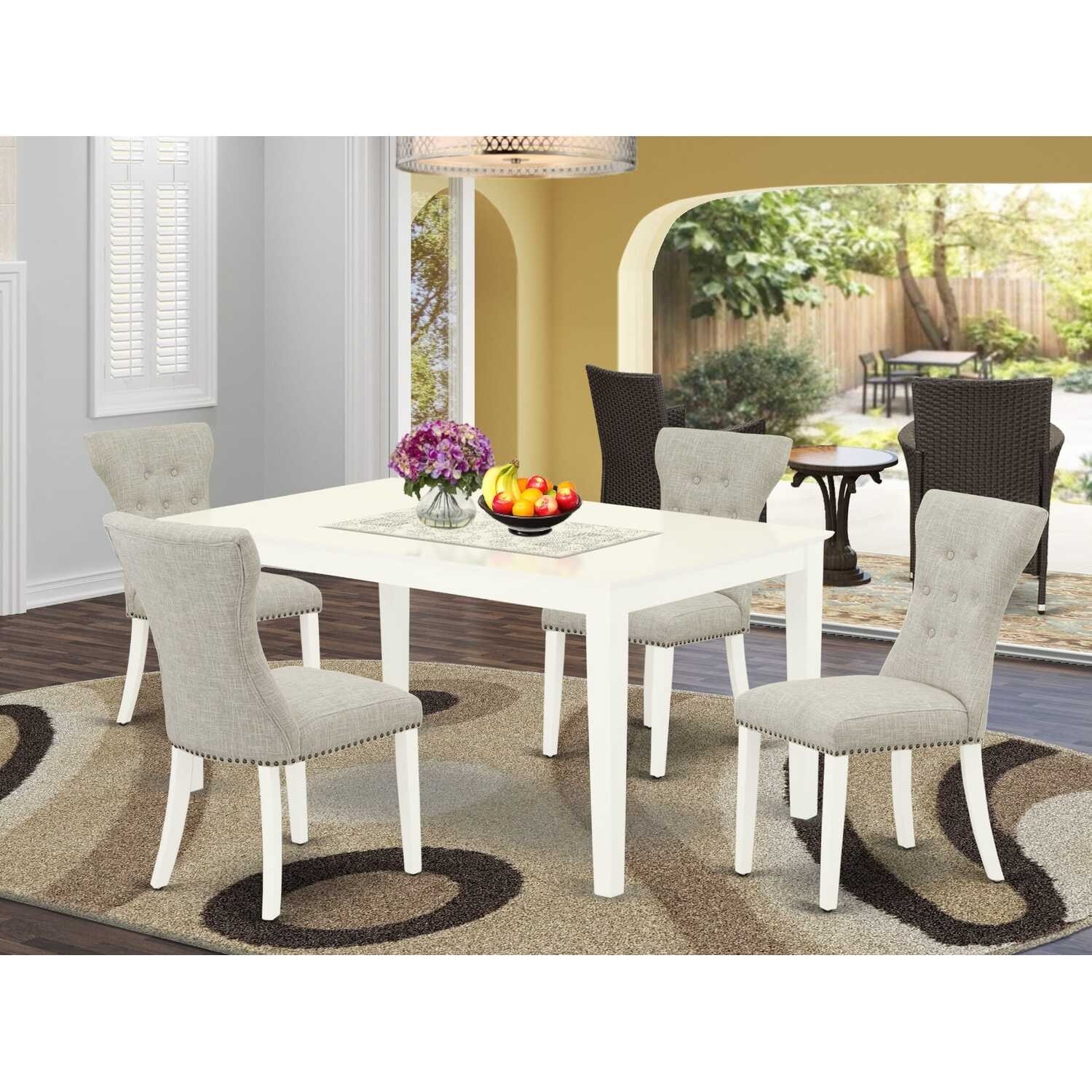 5-Piece Linen White Finish Solid Wood Top - Rectangular Dining Room Set - Seats 4