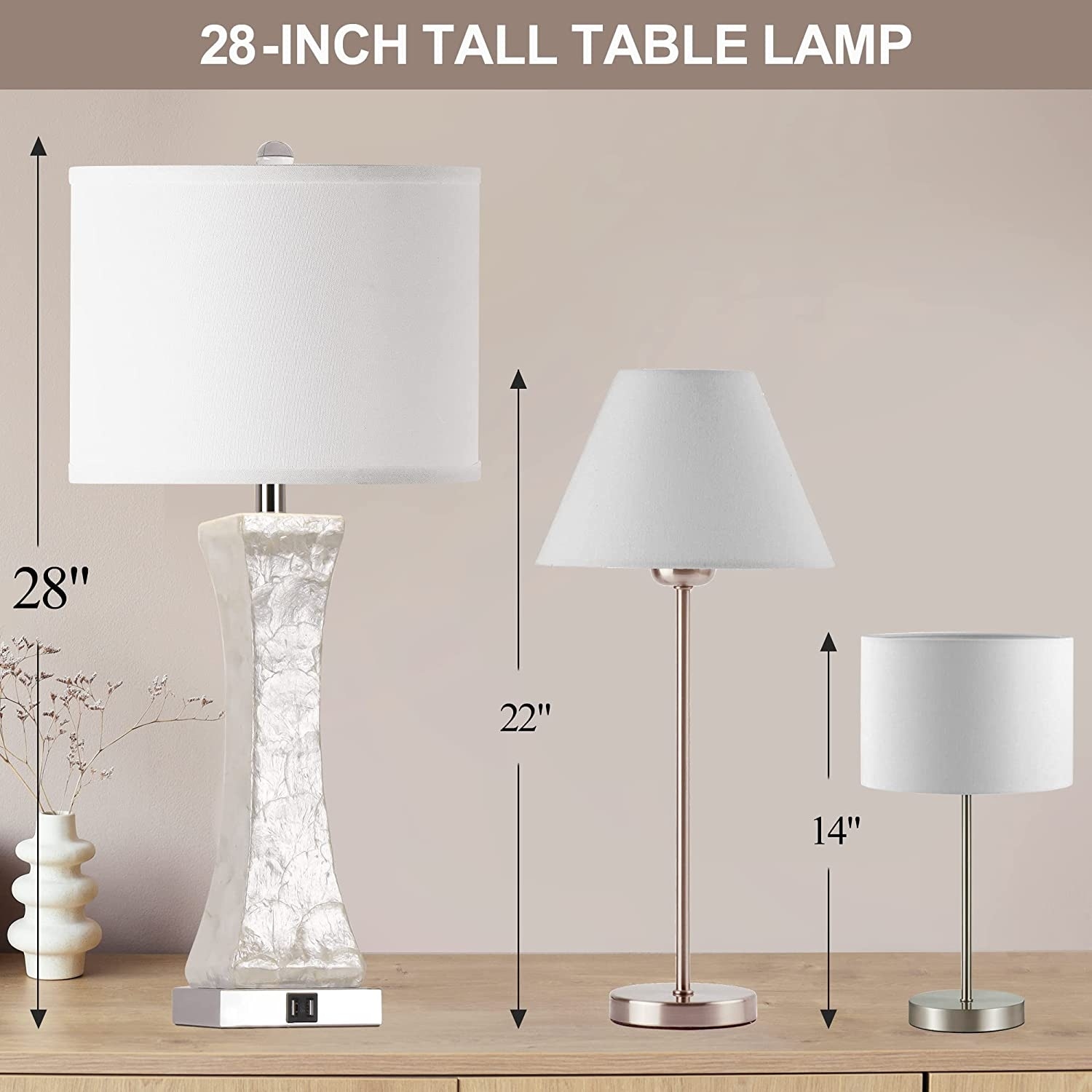 Set of Touch Control Table Lamps, 28-inch Tall Coastal White Bedside Lamp  with USB Ports, 3-Way Dimmable Capiz Shell Bed Bath  Beyond 37747288