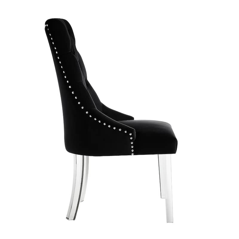 Set of 2 Tufted Velvet Black Upholstery Dining Chairs with Nailhead Trim and Clear Legs for Living Room