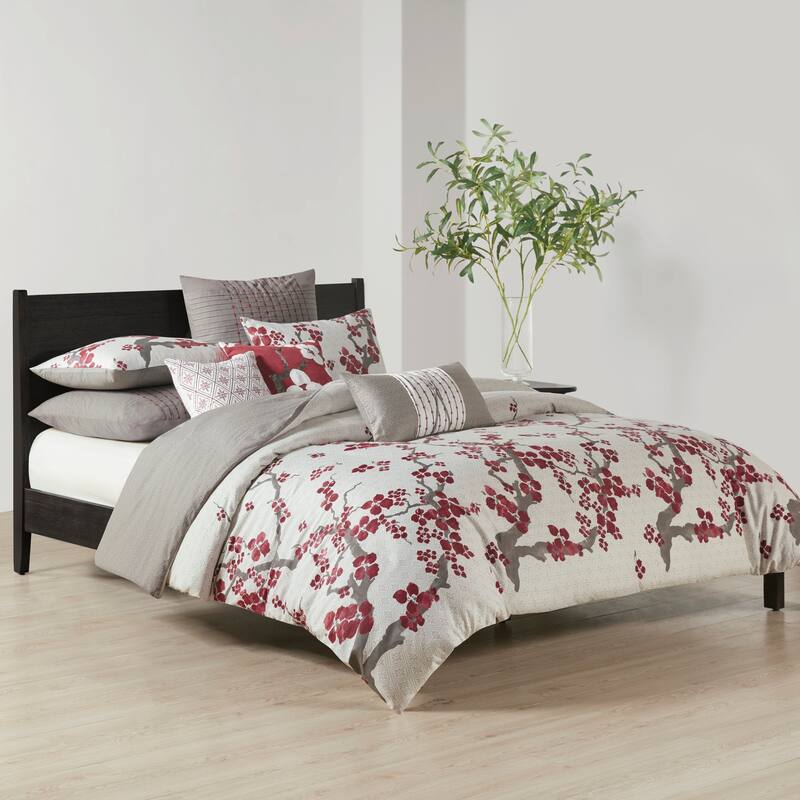 N Natori Cherry Blossom Grey Cotton Sateen 26-Inch Euro Sham with Pleat/ Embroidery Details and Zipper Closure