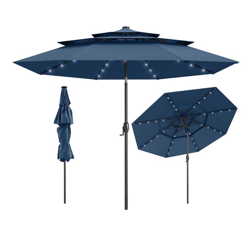 Polyester 10.3ft Solar LED Patio Umbrella with Auto Tilt and Crank