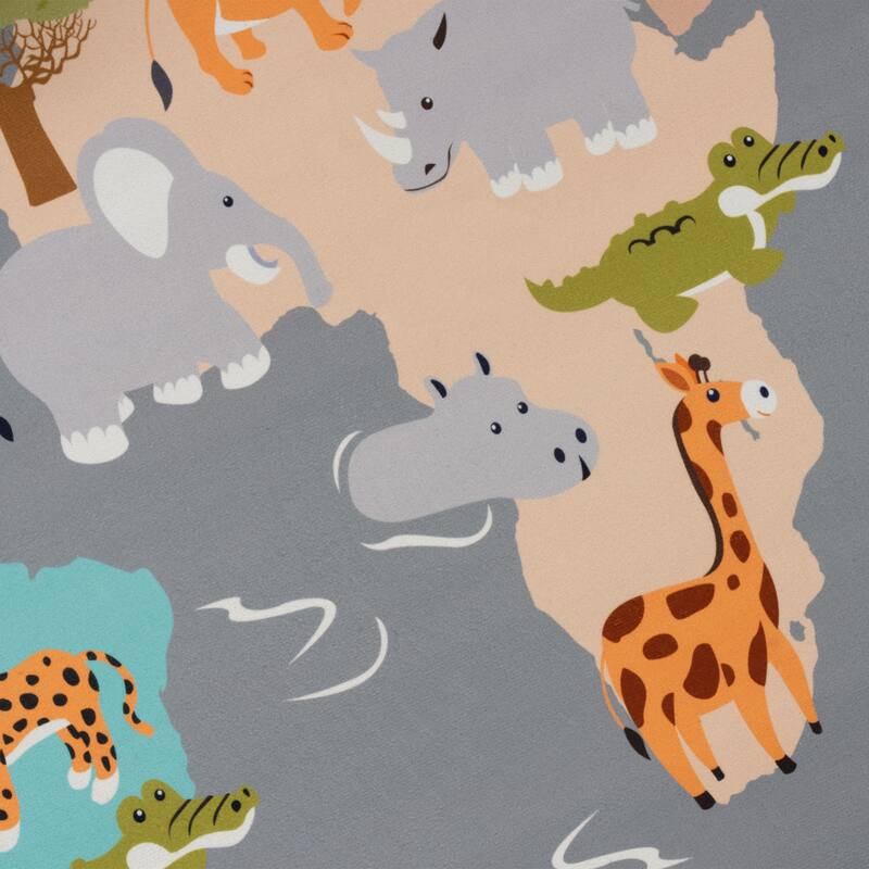 Kids Rug Play Mat with World Map & Charming Animals in Grey