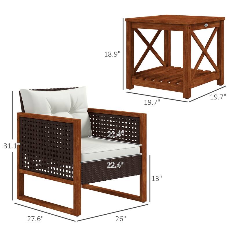 3 Pieces Patio Bistro Set Wooden with Cushions, PE Wicker Patio Furniture Outdoor for Porch, Backyard, Garden