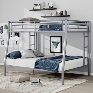 Full XL over Queen Size Metal Bunk Bed with Ladder, Fence, and Guardrails for Kids