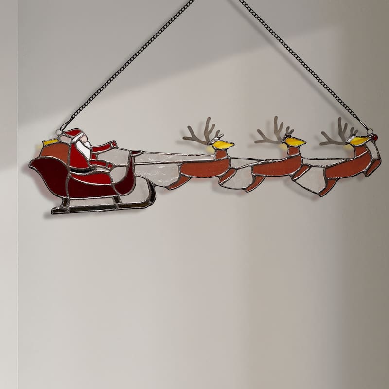 River of Goods 18-Inch Santa and Reindeer Christmas Stained Glass Window Panel - 18" x 0.25" x 4.5"