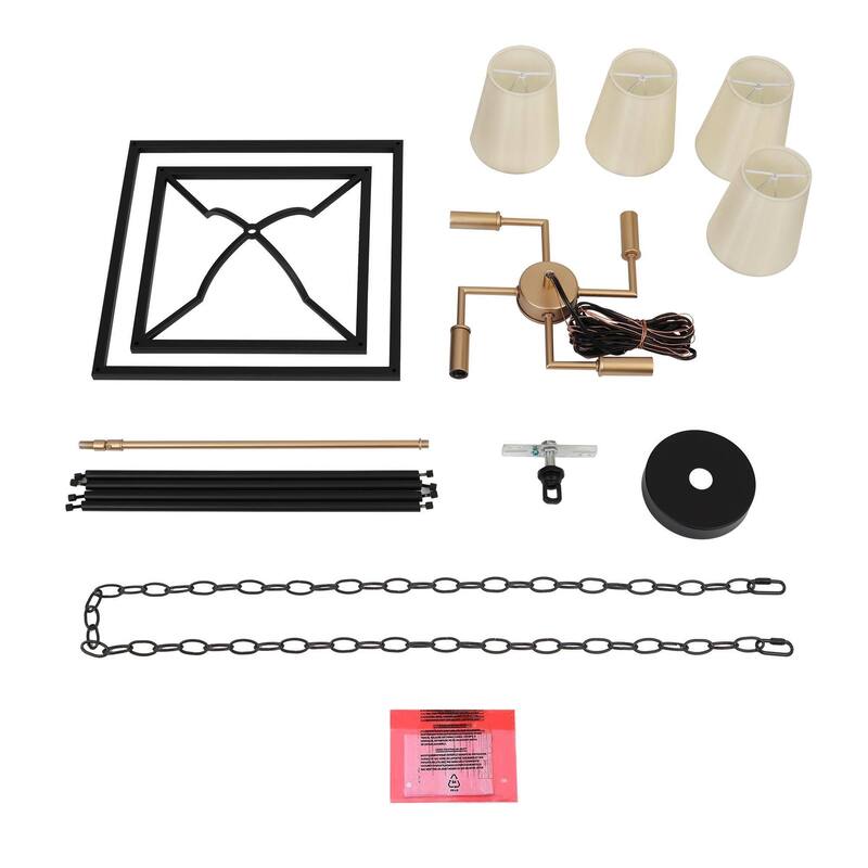 Modern Farmhouse 4-Light Black Gold Geometric Chandelier Metal Pendant Lights with Fabric Shades - 14 "