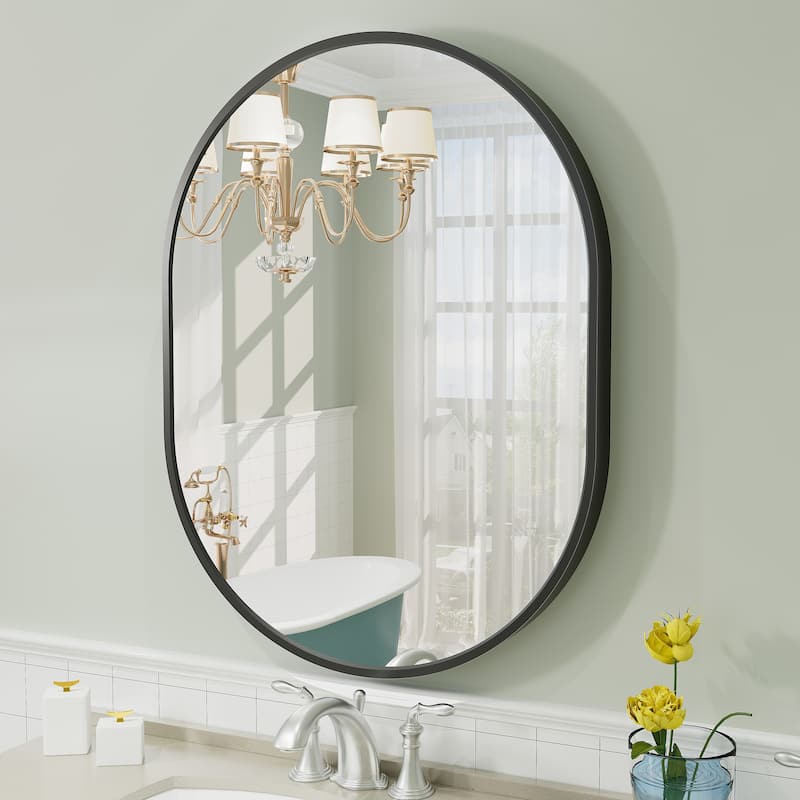 5-Year Warranty Aluminum Alloy Framed French Cleat Mounted Oval Wall Decor Bathroom Vanity Mirror - 36" x 24" - Black