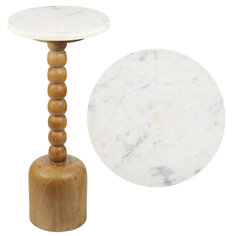 Turner 24.5" Designer Cottage Spindle Wood Drink & End Table, White Marble Top, By JONATHAN Y - Natural/White