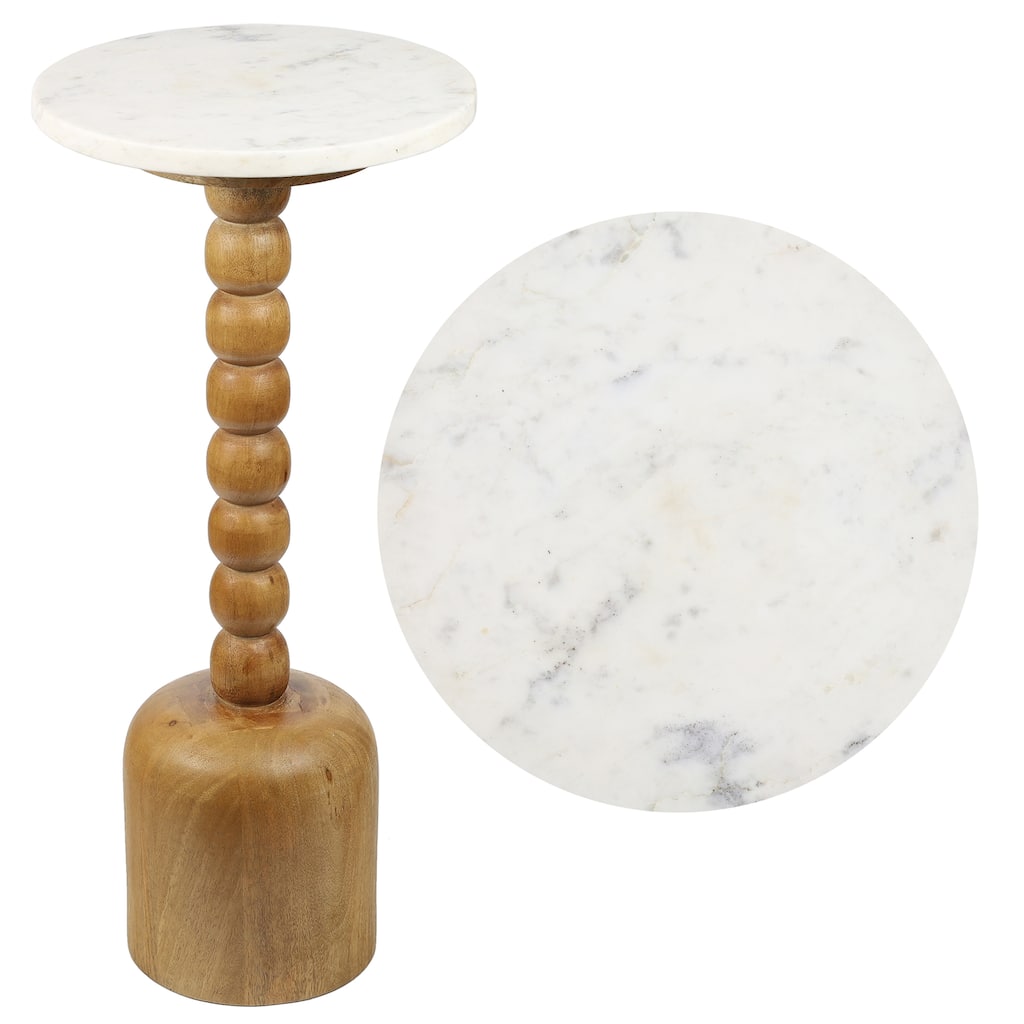 Turner 24.5" Designer Cottage Spindle Wood Drink & End Table, White Marble Top, By JONATHAN Y