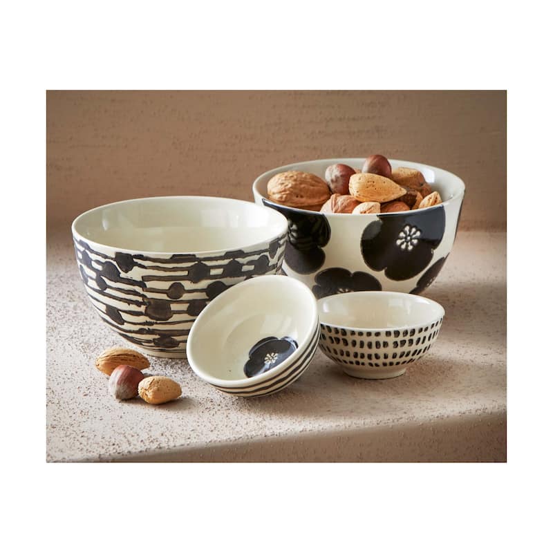 Flower & Dot Ceramic Snack Bowls - Black Multi, 14oz, Dishwasher Safe, Everyday Dining Bowls, Set of 3