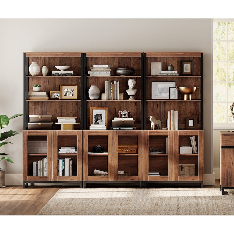 3 PCS Modern 72" Tall Bookcases with Glass Doors and Adjustable Shelves for Home Office, Living room. - 7'9" x 9'9" - Brown