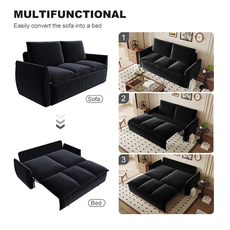 Velvet Loveseat Daybed, Pull Out Sofa Bed with Blanket Set, 3-Seat Convertible Sleeper Sofa with 2-in-1 Pillow