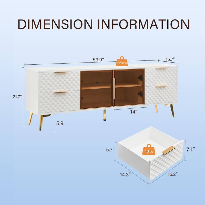 Deluxe Sculpted Modern Fashion Geometric Style TV Stand, Aluminum Frame Tempered Glass Door 4 Drawer Chest