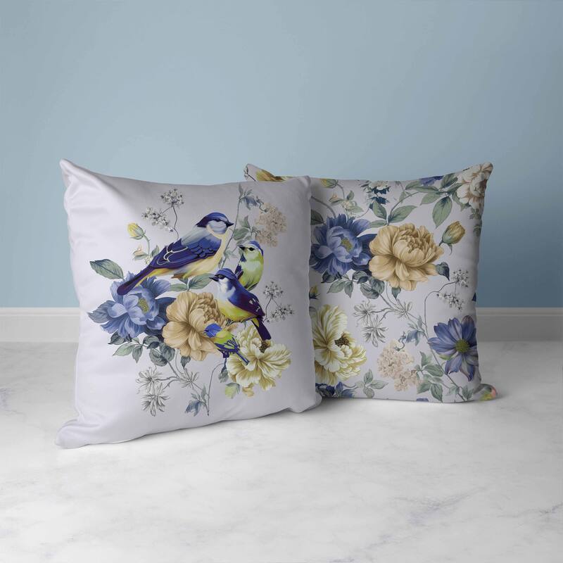 Petal Perched Birds Faux Suede Reversible Throw Pillow Silver and Blue