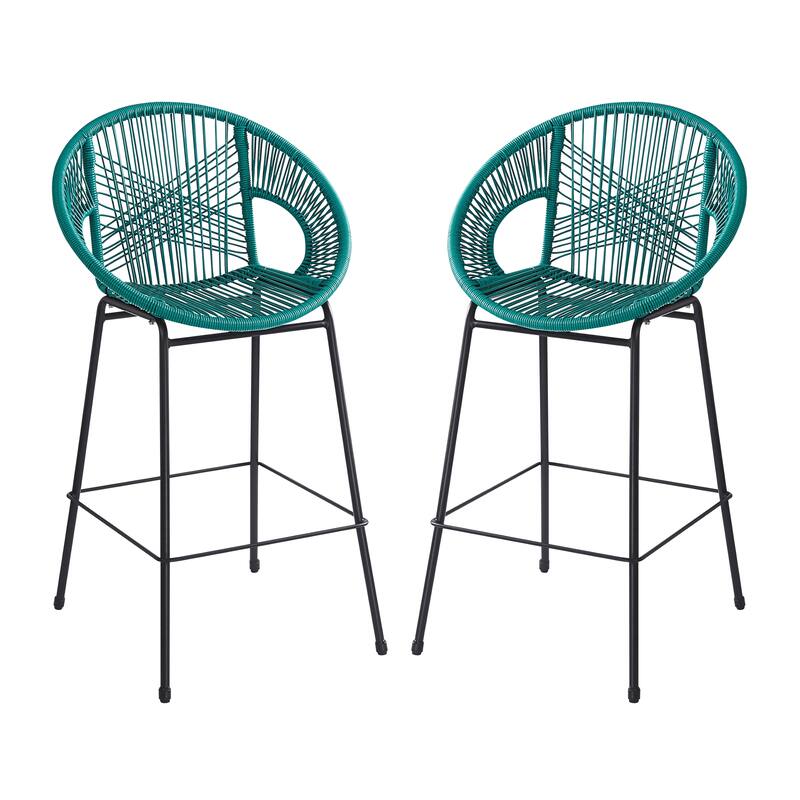 Roomfitters Ferrara Outdoor Faux Wicker Barstools with Metal Frame, Modern Patio Seating, Set of 2 - Blue