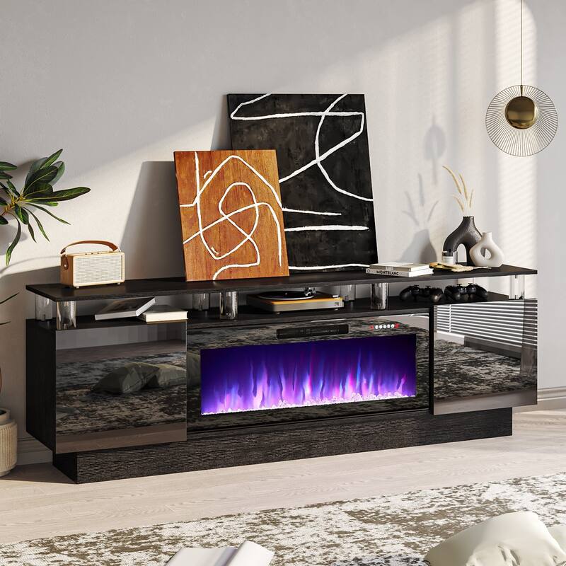 BOSSIN 70 Fireplace TV Stand with 36 Electric Fireplace， LED Light Entertainment Center Modern 2-Tier TV Console Stand