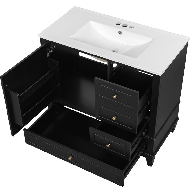 36" Bathroom Vanity with Ceramic Sink - MDF & Solid Wood Base, 3 Drawers & Storage Cabinet, Freestanding Design, 4" Faucet Holes