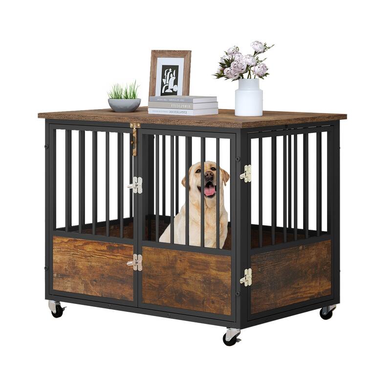 38"/43" Dog Crate Furniture Cage Table with Wheels And Double Doors