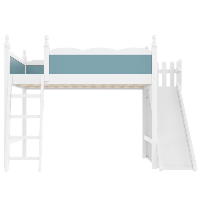 Roomfitters Queen Loft Bed with Slide and Storage Cabinet, Solid Wood High Sleeper with Shelves, Blue and White