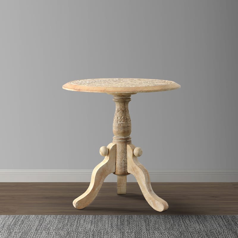 Intricately Carved Round Top Mango Wood Side End Table with Pedestal Base, Brown and White