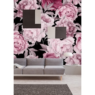 Pink Peony on Black Background Wallpaper Mural - Overstock - 32617139