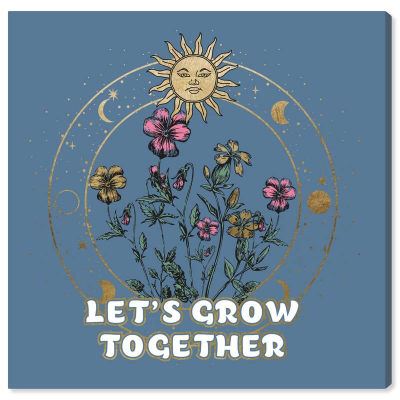 Wynwood Studio Prints Floral and Botanical Lets Grow Together Blue and Metallic Gold Modern & Contemporary Wall Art Canvas Print