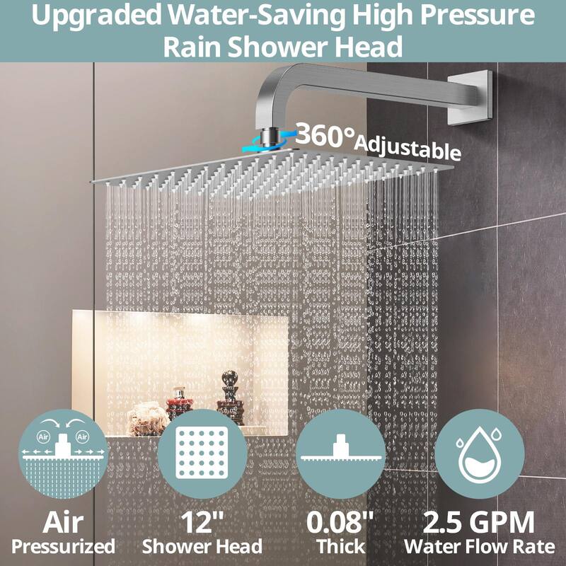 Dual Heads 12"Rainfall and High Pressure 6"Shower Faucet Dual Cascade System 3 Way Thermostatic Valve with 6 Body jets