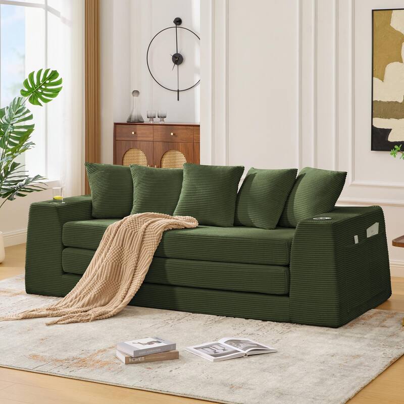 2 in 1 Convertible Sofa Bed, Sleeper Sofa with Storage Pockets, Pull Out Loveseat Couch with Two Cup Holders